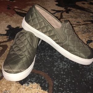 Olive green satin slip ons
